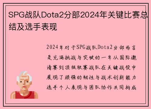 SPG战队Dota2分部2024年关键比赛总结及选手表现