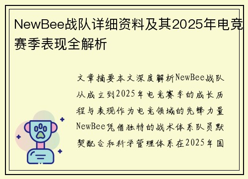 NewBee战队详细资料及其2025年电竞赛季表现全解析