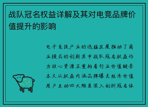 战队冠名权益详解及其对电竞品牌价值提升的影响